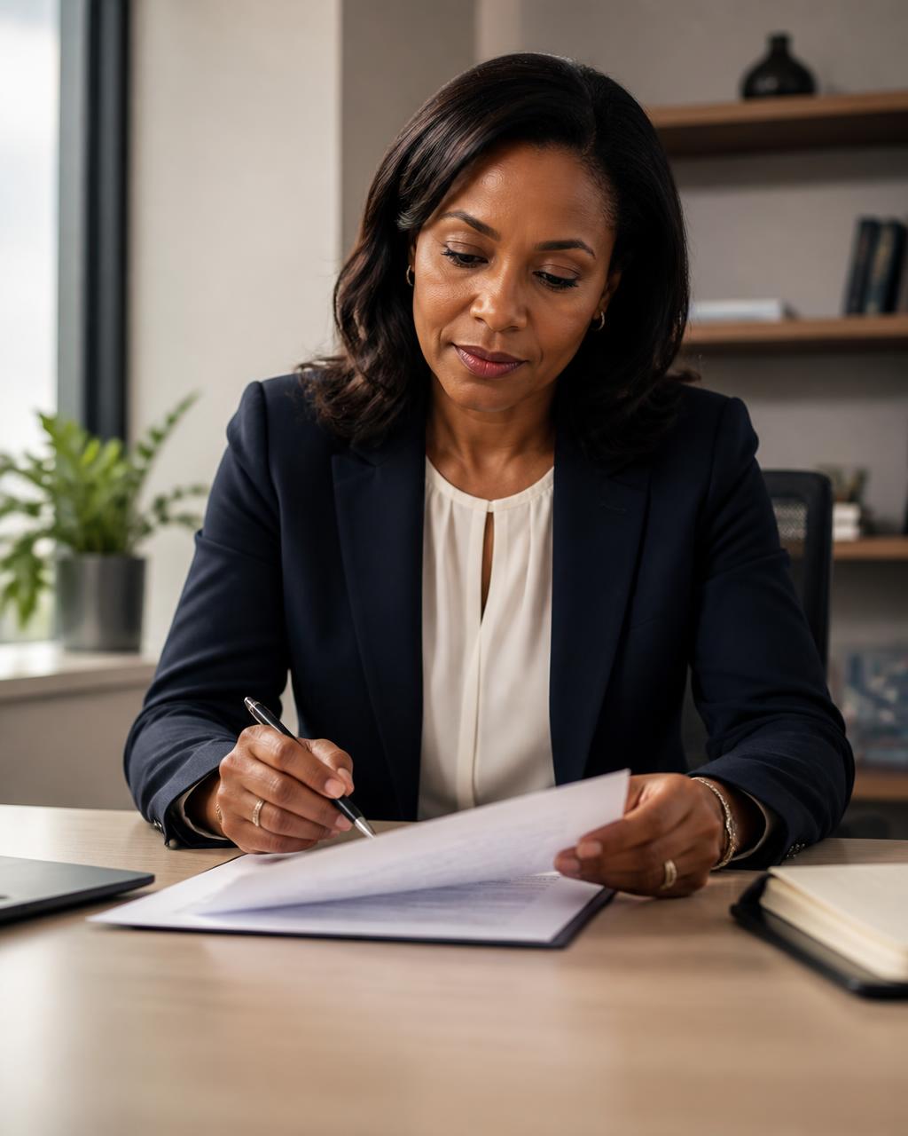 Business professional reviewing a contract document at a desk