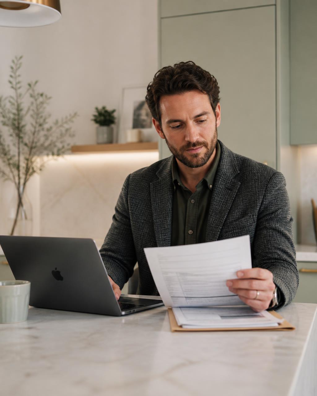 Parent reviewing a document at a kitchen island beside a laptop