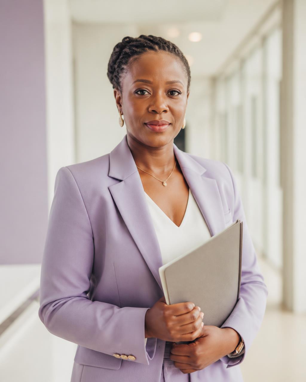 Professional woman in a blazer holding a folder in an office corridor