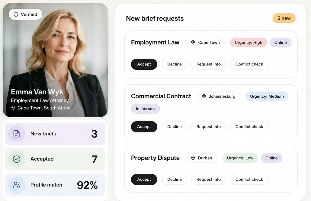 Preview of the Attora attorney dashboard showing incoming legal brief requests